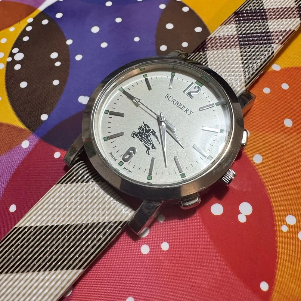 Men's large face Watch - Silver and Cream Plaid - Picture 9 of 11